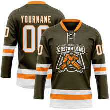 Load image into Gallery viewer, Custom Olive White-Bay Orange Salute To Service Hockey Lace Neck Jersey
