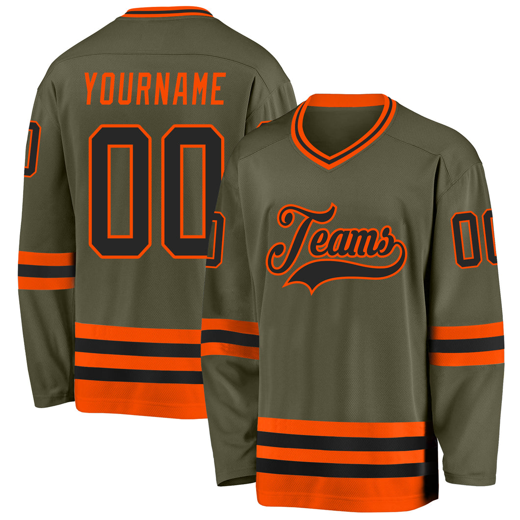 Custom Olive Black-Orange Salute To Service Hockey Jersey