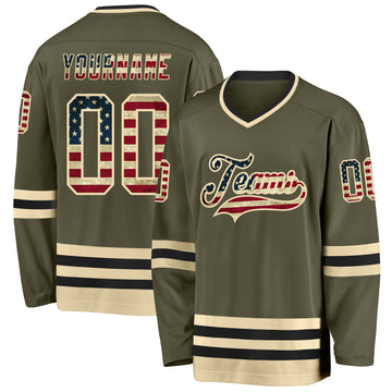 Custom Olive Vintage USA Flag Cream-Black Salute To Service Hockey Jersey