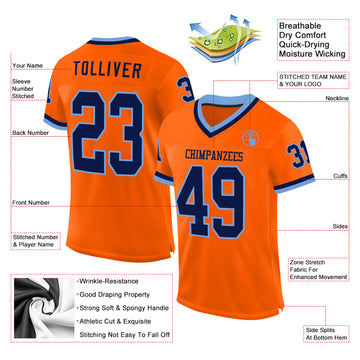 Custom Orange Navy-Light Blue Mesh Authentic Throwback Football Jersey