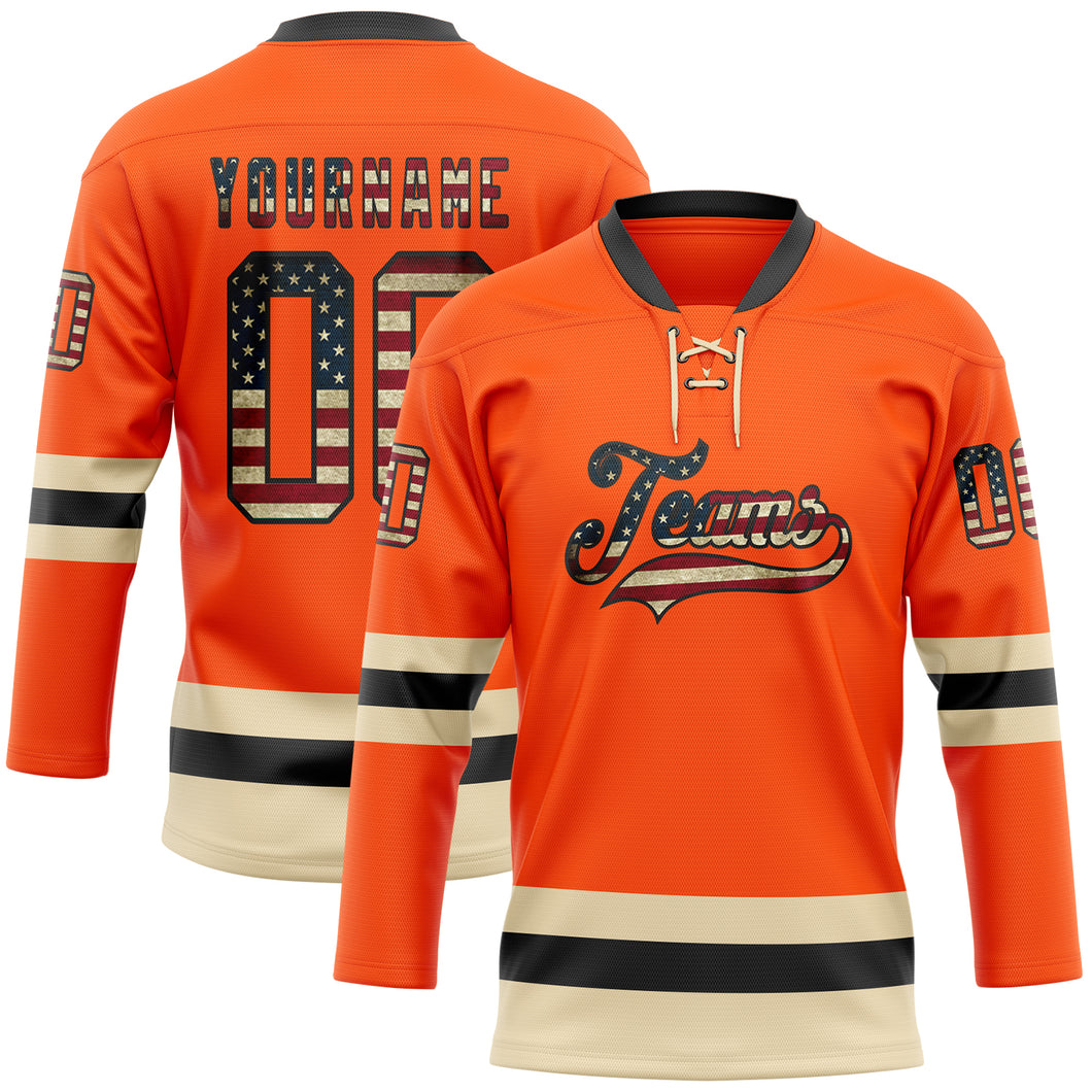 Custom Orange Vintage USA Flag Black-Cream Hockey Lace Neck Jersey