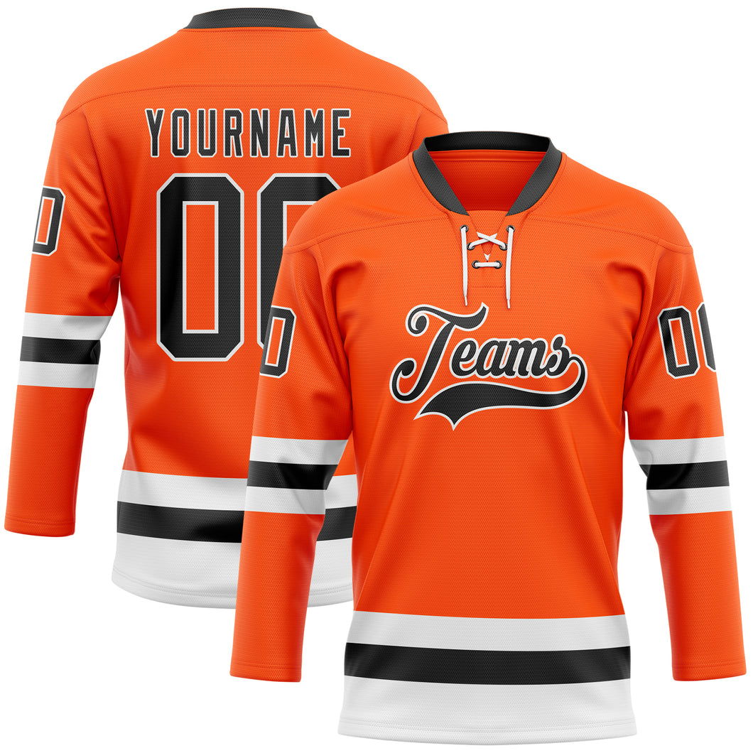 Custom Orange Black-White Hockey Lace Neck Jersey