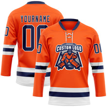 Load image into Gallery viewer, Custom Orange Navy-White Hockey Lace Neck Jersey
