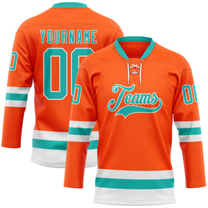 Custom Orange Aqua-White Hockey Lace Neck Jersey