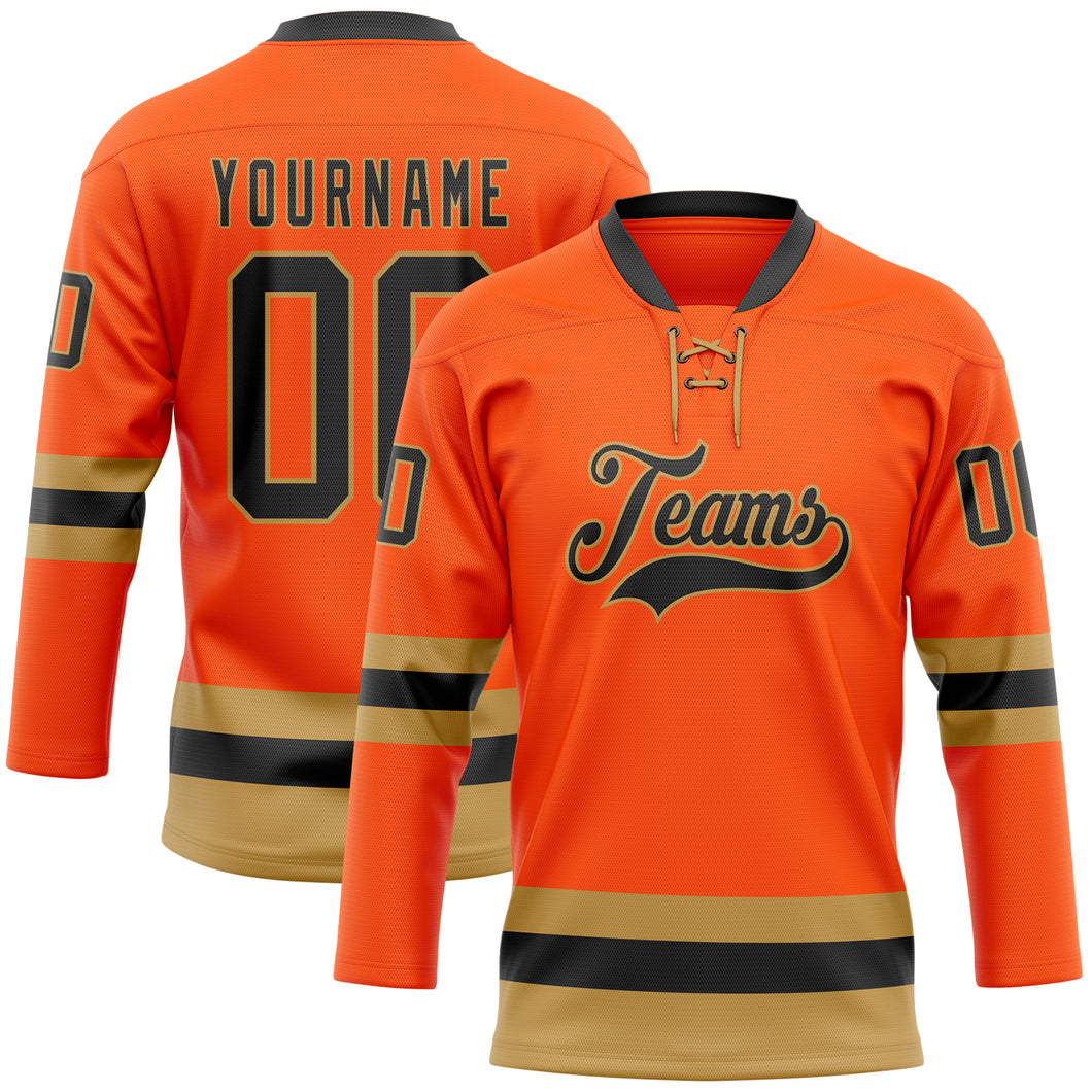 Custom Orange Black-Old Gold Hockey Lace Neck Jersey