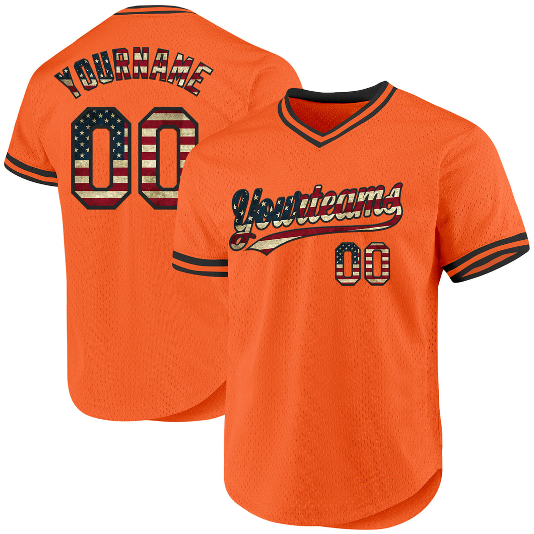 Custom Orange Vintage USA Flag-Black Authentic Throwback Baseball Jersey