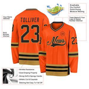 Custom Orange Black-Old Gold Hockey Jersey