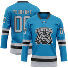 Load image into Gallery viewer, Custom Panther Blue Gray-Black Hockey Lace Neck Jersey
