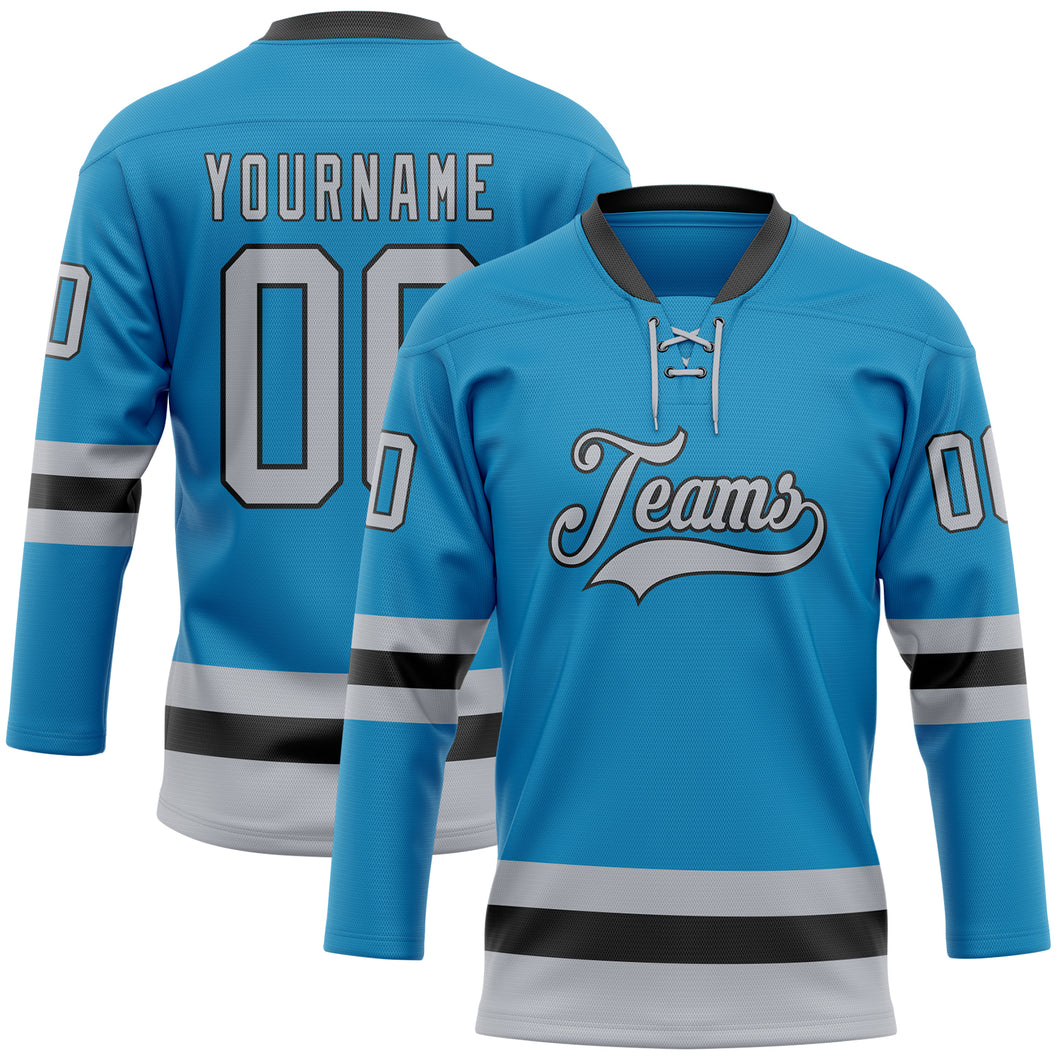 Custom Panther Blue Gray-Black Hockey Lace Neck Jersey