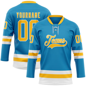 Custom Panther Blue Gold-White Hockey Lace Neck Jersey