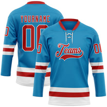 Load image into Gallery viewer, Custom Panther Blue Red-White Hockey Lace Neck Jersey
