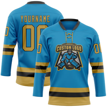 Custom Panther Blue Old Gold-Black Hockey Lace Neck Jersey