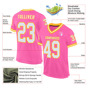 Custom Pink White-Gold Mesh Authentic Throwback Football Jersey