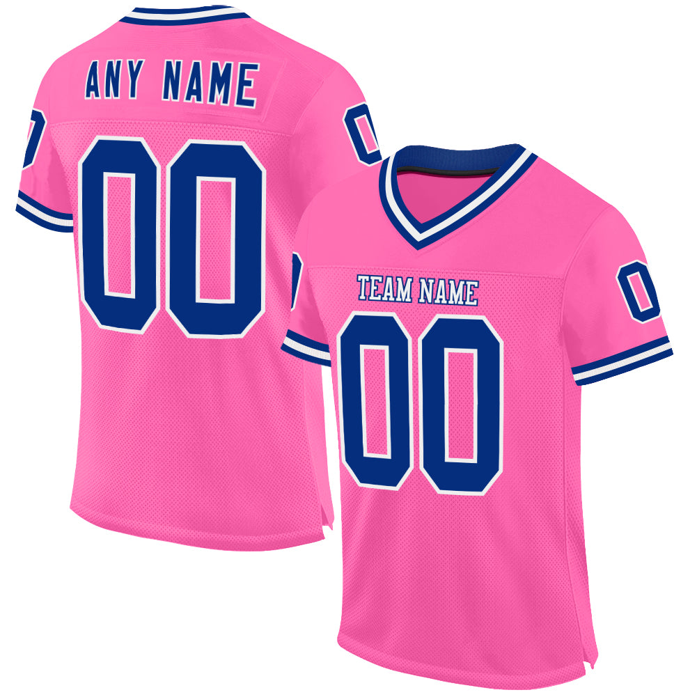 Custom Pink Royal-White Mesh Authentic Throwback Football Jersey