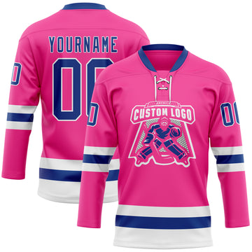 Custom Pink Royal-White Hockey Lace Neck Jersey