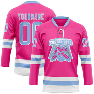 Custom Pink Light Blue-White Hockey Lace Neck Jersey