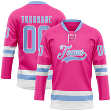 Load image into Gallery viewer, Custom Pink Light Blue-White Hockey Lace Neck Jersey
