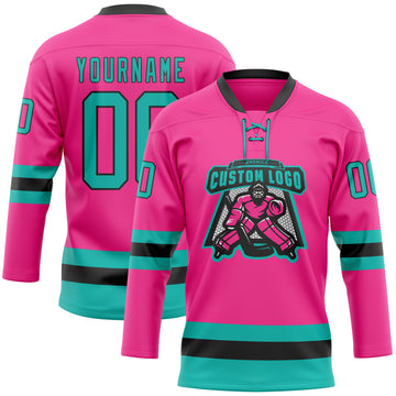 Custom Pink Aqua-Black Hockey Lace Neck Jersey