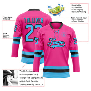 Custom Pink Sky Blue-Black Hockey Lace Neck Jersey