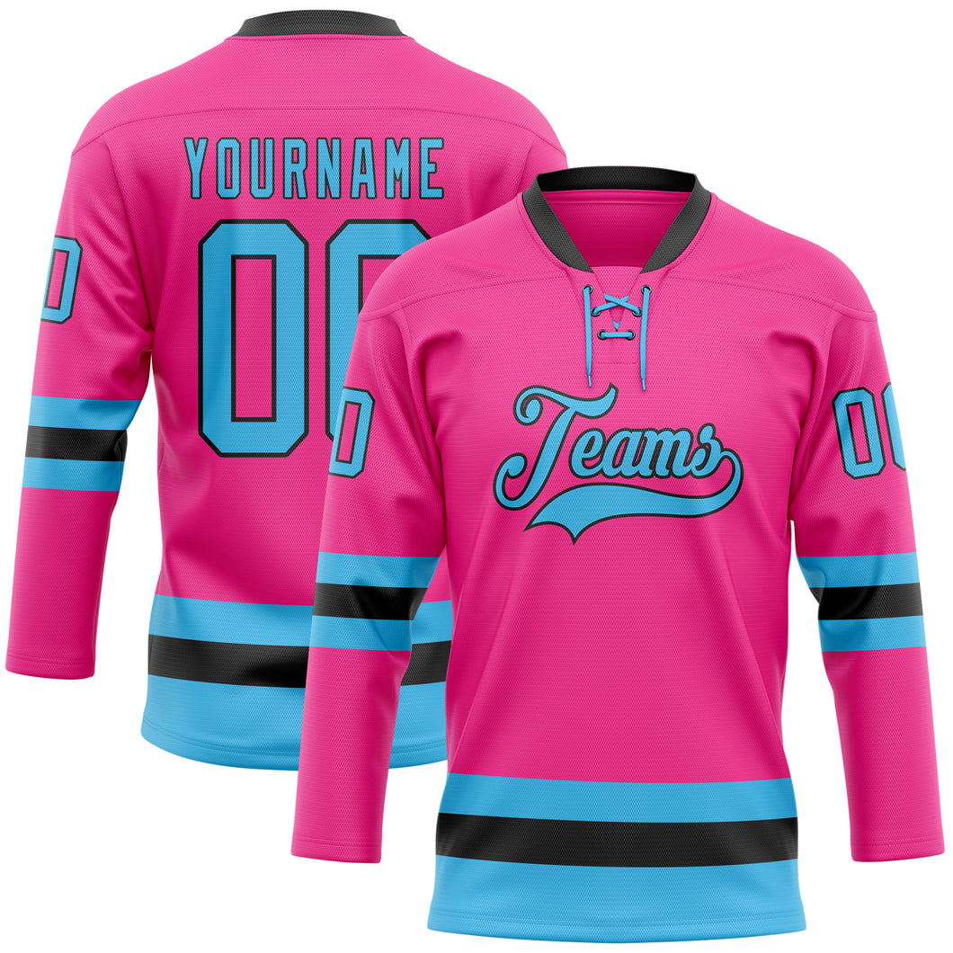 Custom Pink Sky Blue-Black Hockey Lace Neck Jersey