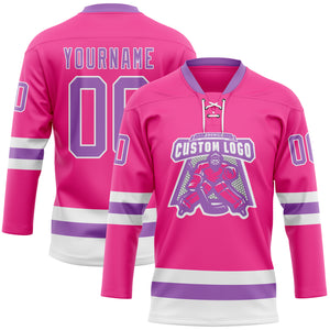 Custom Pink Medium Purple-White Hockey Lace Neck Jersey