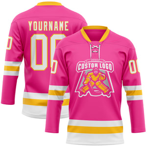 Custom Pink White-Gold Hockey Lace Neck Jersey