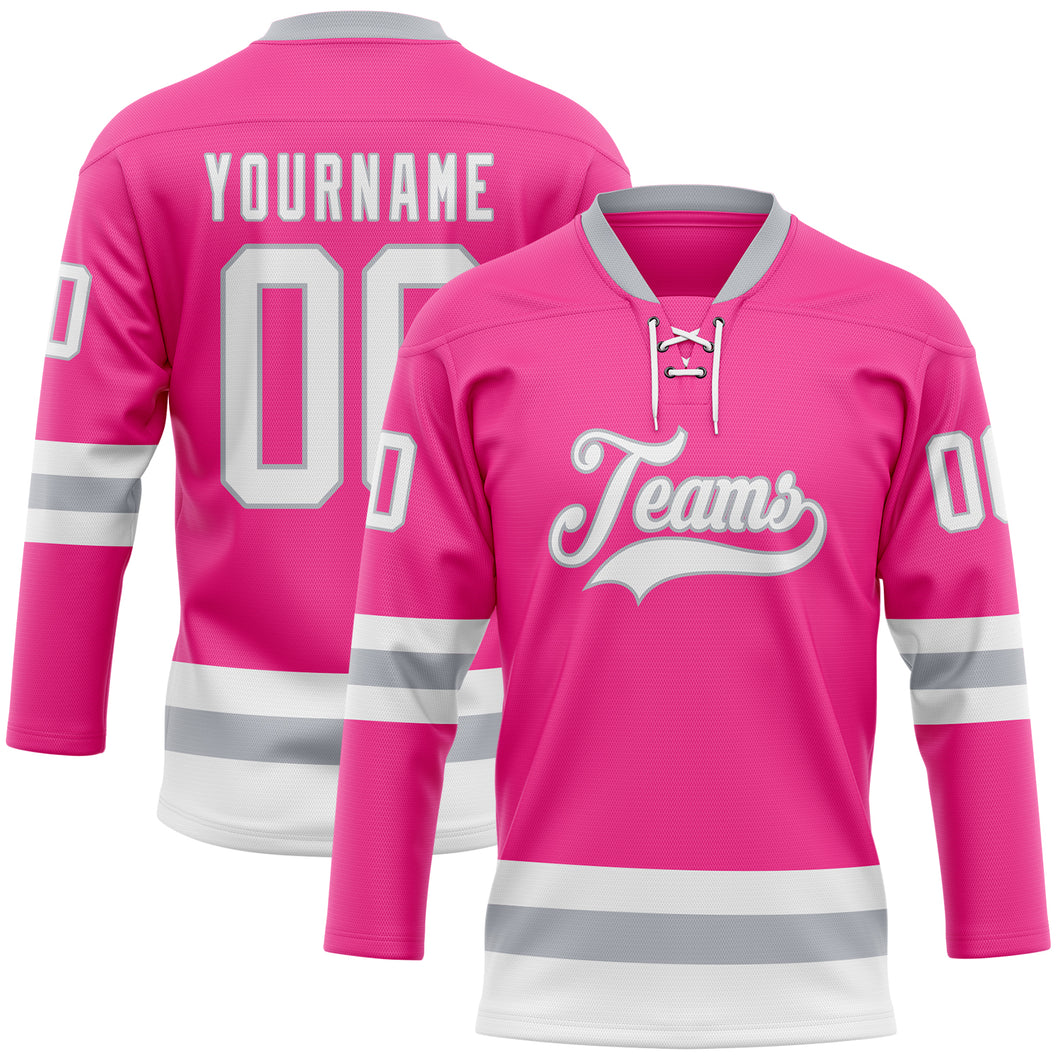 Custom Pink White-Gray Hockey Lace Neck Jersey