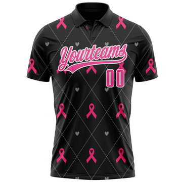 Custom Black Pink-White 3D Pink Ribbon Breast Cancer Awareness Month Women Health Care Support Performance Polo Shirt