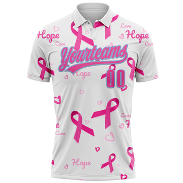 Custom White Pink-Light Blue 3D Pink Ribbon Breast Cancer Awareness Month Women Health Care Support Performance Polo Shirt