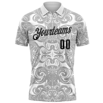 Custom White Black-Steel Gray 3D Bowling Abstract Liquid Performance Polo Shirt