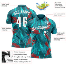 Load image into Gallery viewer, Custom Teal Red-White 3D Bowling Line Performance Polo Shirt
