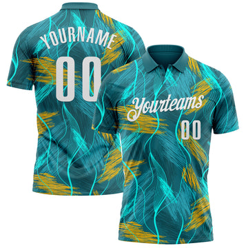 Custom Teal Old Gold-White 3D Bowling Line Performance Polo Shirt