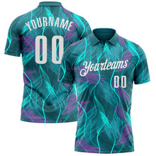 Load image into Gallery viewer, Custom Teal Medium Purple-White 3D Bowling Line Performance Polo Shirt
