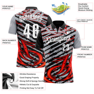 Custom Gray Black-Red 3D Bowling Line Performance Polo Shirt