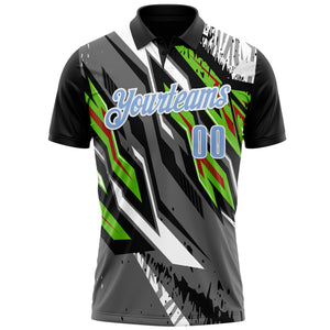 Custom Black Light Blue Gray Neon Green-Red 3D Bowling Abstract Grunge Art Performance Polo Shirt