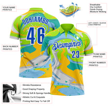 Load image into Gallery viewer, Custom Neon Green Thunder Blue Yellow-Aqua 3D Bowling Splash Ink Performance Polo Shirt
