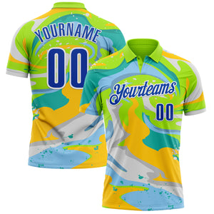 Custom Neon Green Thunder Blue Yellow-Aqua 3D Bowling Splash Ink Performance Polo Shirt