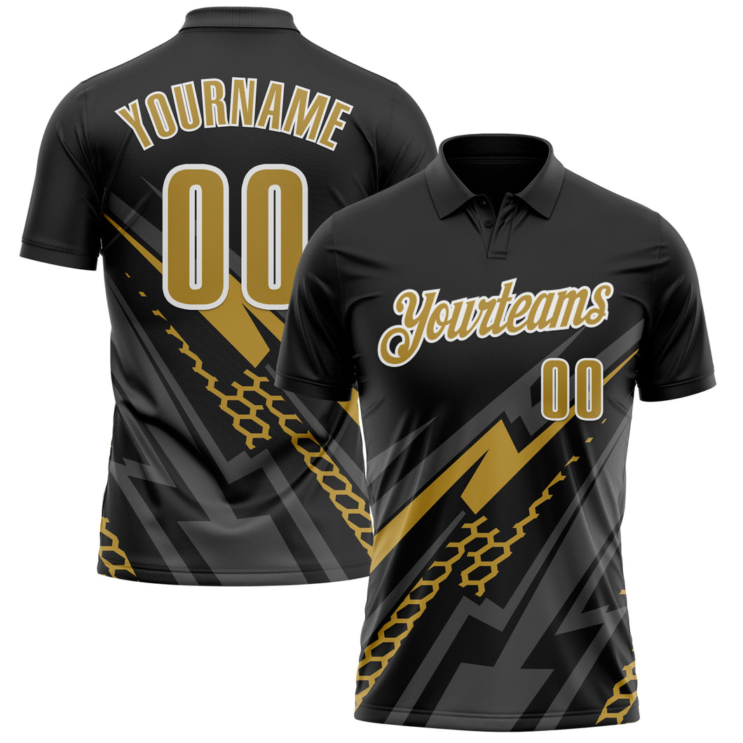 Custom Black Old Gold-White 3D Bowling Geometric Shape Performance Polo Shirt