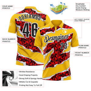 Custom Yellow Black-Red 3D Bowling Torn Paper Style Performance Polo Shirt