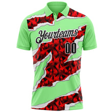 Load image into Gallery viewer, Custom Pea Green Black-Red 3D Bowling Torn Paper Style Performance Polo Shirt
