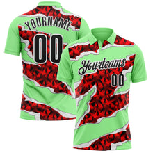 Load image into Gallery viewer, Custom Pea Green Black-Red 3D Bowling Torn Paper Style Performance Polo Shirt
