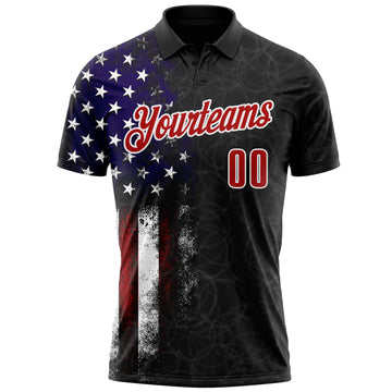 Custom Black Red-White 3D Bowling American Flag Performance Polo Shirt