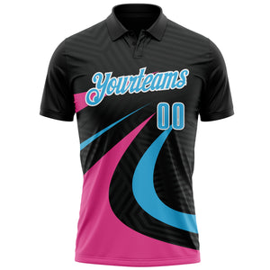 Custom Black Sky Blue-Pink 3D Bowling Geometric Shape Performance Polo Shirt