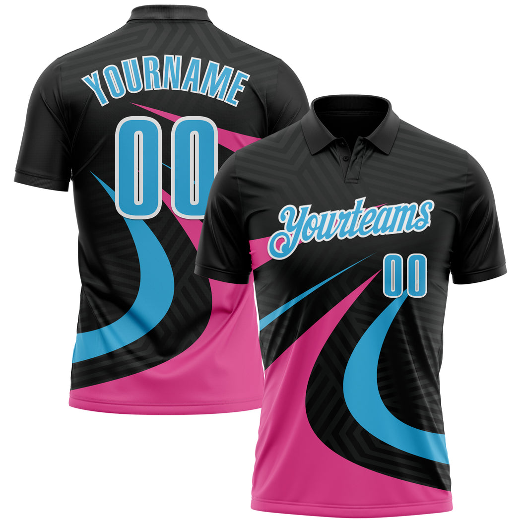 Custom Black Sky Blue-Pink 3D Bowling Geometric Shape Performance Polo Shirt