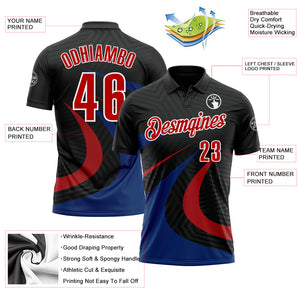 Custom Black Red-Royal 3D Bowling Geometric Shape Performance Polo Shirt