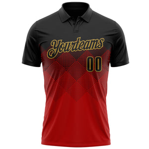 Custom Black Red-Old Gold 3D Pattern Design Gradient Square Shape Performance Polo Shirt