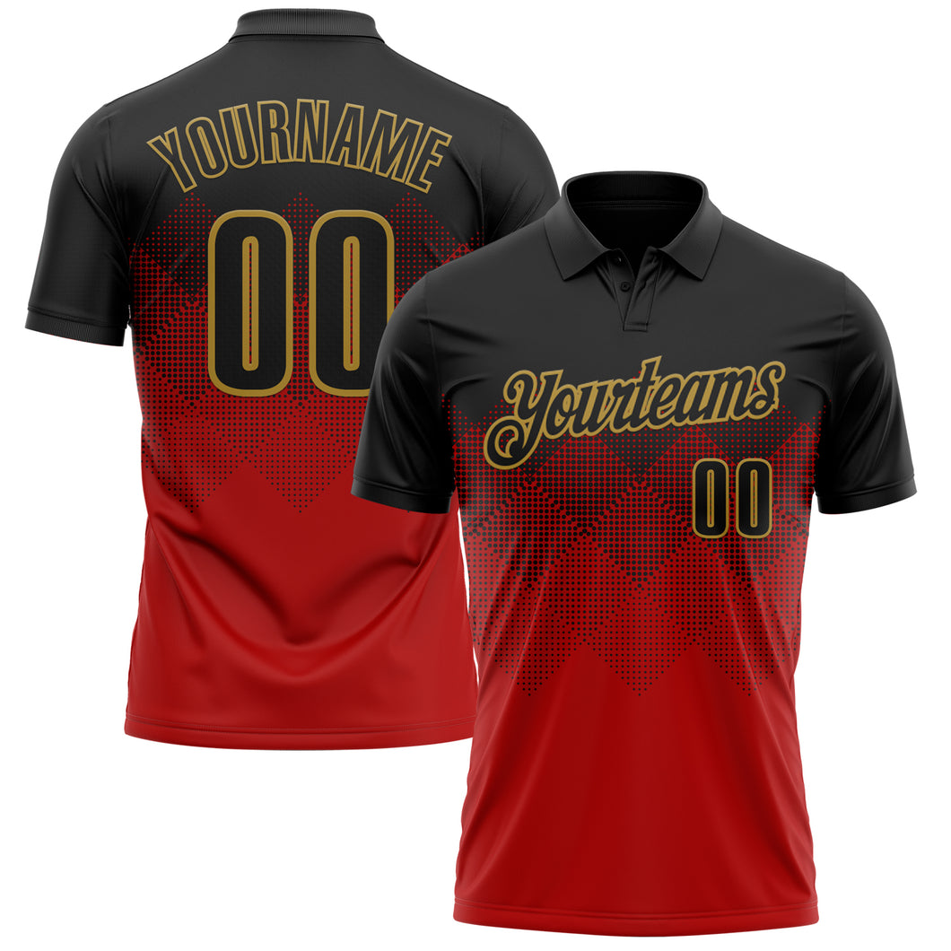 Custom Black Red-Old Gold 3D Pattern Design Gradient Square Shape Performance Polo Shirt