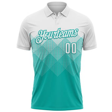 Custom White Aqua 3D Pattern Design Gradient Square Shape Performance Polo Shirt