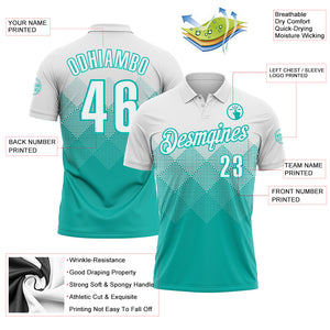 Custom White Aqua 3D Pattern Design Gradient Square Shape Performance Polo Shirt