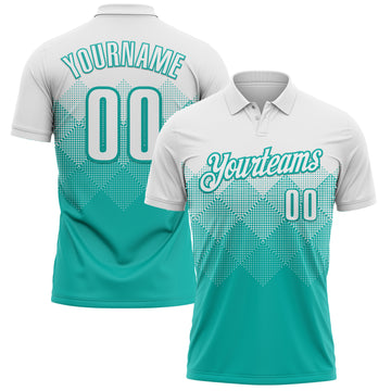 Custom White Aqua 3D Pattern Design Gradient Square Shape Performance Polo Shirt